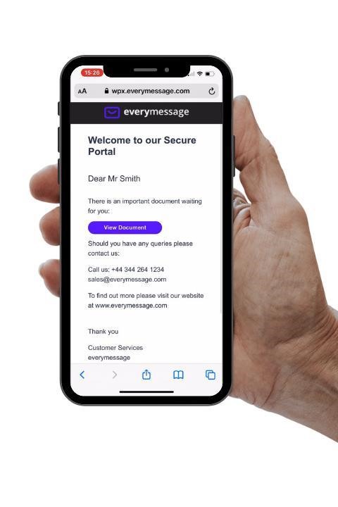 A customer views the everymessage secure portal on their phone, with a button to view an important document